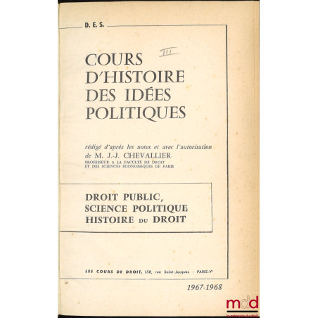 HISTOIRE DE L’IDÉE SOCIALISTE, Cours d’histoire des idées politiques, D.E.S. Droit public - Science politique - Histoire du D...
