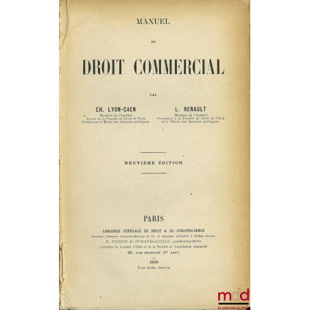 MANUEL DE DROIT COMMERCIAL, 9e éd.