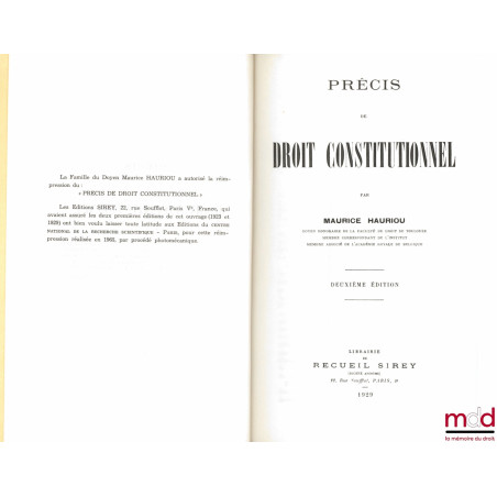 PRÉCIS DE DROIT CONSTITUTIONNEL, réimpression de la 2ème éd. de 1929
