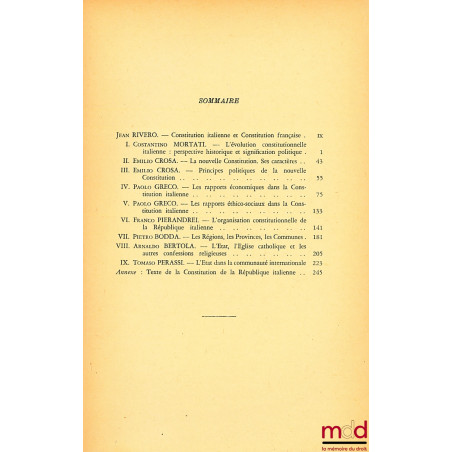 LA CONSTITUTION ITALIENNE DE 1948, Recueil d’études sous la direction de Emilio CROSA, introduction de Jean Rivero, Cahiers d...