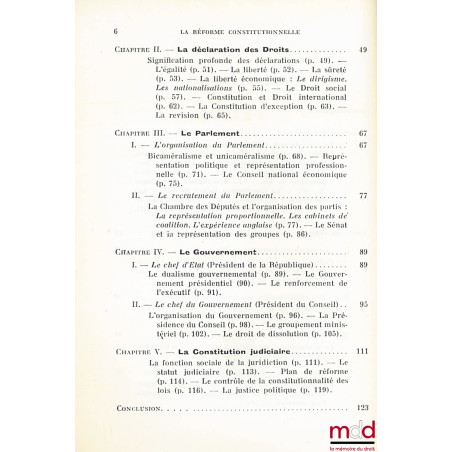 LA RÉFORME CONSTITUTIONNELLE, SA PRÉPARATION - SES BASES, coll. Perspectives humaines