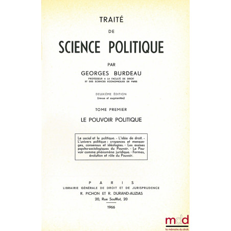 TRAITÉ DE SCIENCE POLITIQUE, 2ème éd., (mq. t. X : La révolte des colonisés)