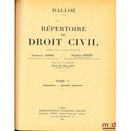 RÉPERTOIRE DE DROIT CIVIL, sous la direction de Emmanuel Vergé et Georges