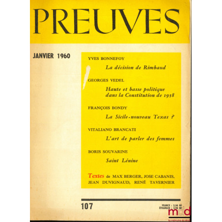 HAUTE ET BASSE POLITIQUE DANS LA CONSTITUTION DE 1958, Article de la revue Preuves, n° 107, janvier 1960