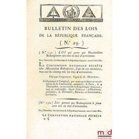 BULLETIN DES LOIS n° 1 à 205 (Imprimerie nationale du bull. n° à 156, à partir du bull. n° 157, Département de la Nièvre)