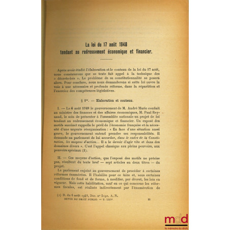 LA LOI DU 17 AOÛT 1948 TENDANT AU REDRESSEMENT ÉCONOMIQUE ET FINANCIER, extrait de la Revue du droit public, t. LXIV