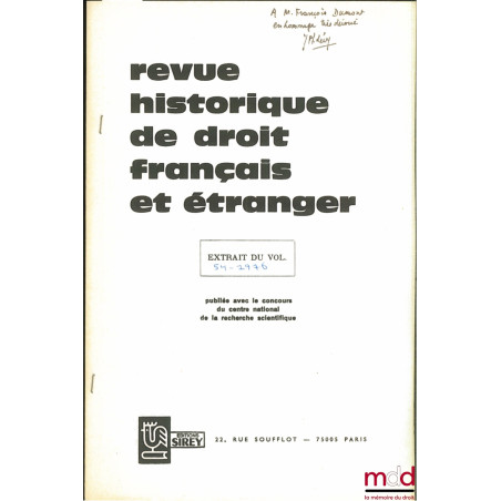 INSURANCE IN RABBINIC LAW, extrait de la Revue historique de droit français et étranger n° 54, 1976