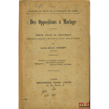 DES OPPOSITIONS À MARIAGE, Faculté de droit de l’Université de Paris