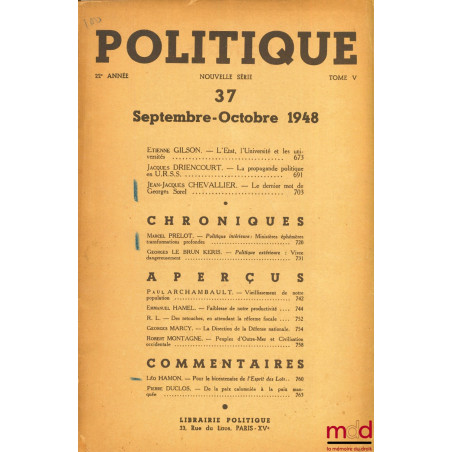 POLITIQUE n° 37, 22e année, tome V, Sept.-Octobre 1948