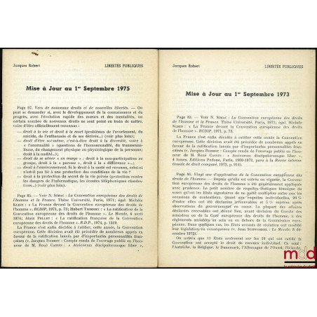 LIBERTÉS PUBLIQUES, coll. Université nouvelle, Précis Domat ; 2 Suppl. : Mise à Jour au 1er sept. 1973 et Mise à Jour au 1er ...