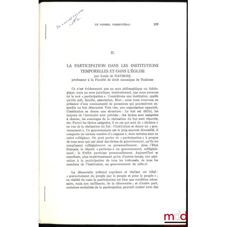 LE CONSEIL PRESBYTÉRAL, extrait de la Revue de droit canonique, juin 1970, t. XX