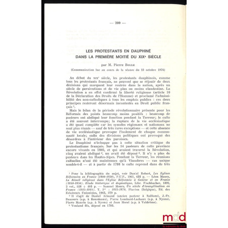 LES PROTESTANTS EN DAUPHINÉ DANS LA PREMIÈRE MOITIÉ DU XIXème SIÈCLE, Bulletin mensuel de l’Académie Delphinale, décembre 1976