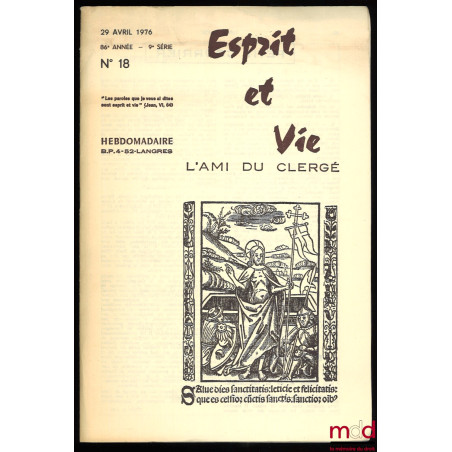 MARIAGE RELIGIEUX ET MARIAGE CIVIL, Esprit et Vie / L’Ami du clergé, n° 18, 29 avril 1976