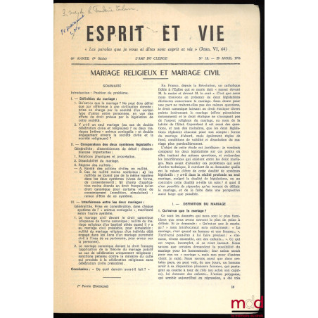 MARIAGE RELIGIEUX ET MARIAGE CIVIL, Esprit et Vie / L’Ami du clergé, n° 18, 29 avril 1976