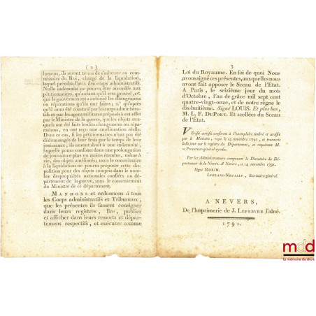 Loi RELATIVE AUX CI-DEVANT OFFICIERS DES ÉTATS-MAJORS DES PLACES. Signé Louis M. L. F. Duport. Donnée à Paris, le 16 Octobre ...