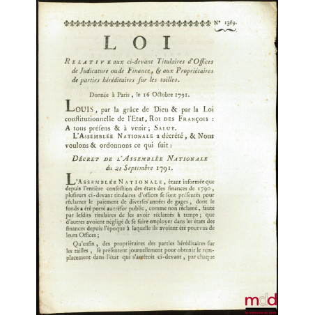 Loi RELATIVE AUX CI-DEVANT TITULAIRES D’OFFICES DE JUDICATURE OU DE FINANCE & AUX PROPRIÉTAIRES DE PARTIES HÉRÉDITAIRES SUR L...