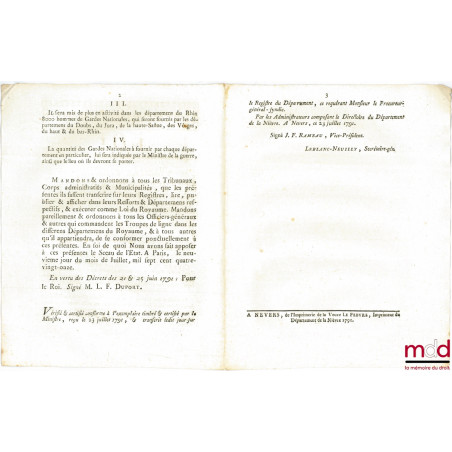 Loi SUR LES MOYENS DE COMPLÉTER LA DÉFENSE DES FRONTIÈRES, Donnée à Paris, le 9 Juillet 1791. Signé Louis M. L. F. Duport. Dé...