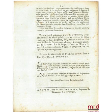 Loi RELATIVE AU REMBOURSEMENT DES ANCIENS GREFFIERS & AUTRES POSSESSEURS D’OFFICES DOMANIAUX. Donnée à Paris, le 28 Juin 1791...