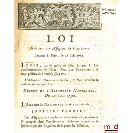 Loi RELATIVE AUX ASSIGNATS DE CINQ LIVRES. Donnée à Paris, le 28 Juin 1791, Département de la Nièvre, bull. n° 10018