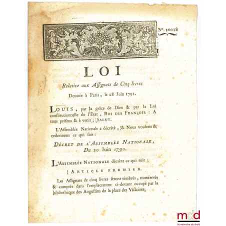 Loi RELATIVE AUX ASSIGNATS DE CINQ LIVRES. Donnée à Paris, le 28 Juin 1791, Département de la Nièvre, bull. n° 10018