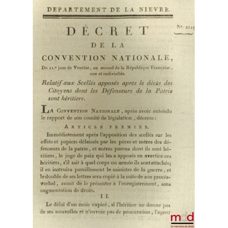 Décret de la Convention nationale, du 11ème jour de Ventôse , an second de la République Française, une et indivisible, Relat...