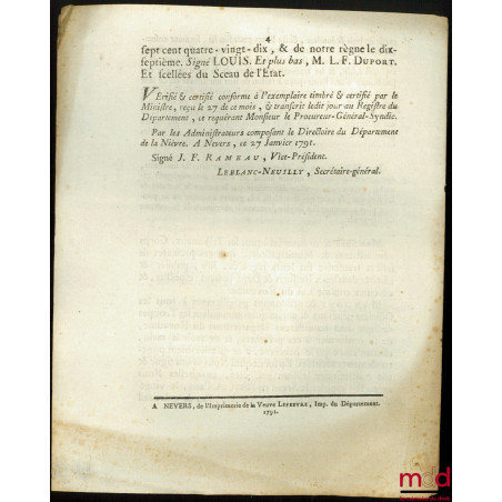 Loi, RELATIVE AU TRAITEMENT DES MILITAIRES. Donnée à Paris, le 25 Décembre 1790, signé : Louis, M.L.F. Duport