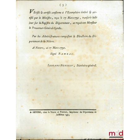 Loi, RELATIVE À LA DÉCORATION MILITAIRE POUR LES OFFICIERS ATTACHÉS À LA MARINE. Donnée à Paris le 11 Février 1791, signé : L...