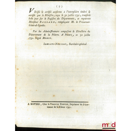 Loi RELATIVE AU REMBOURSEMENT DES CHARGES & OFFICES MILITAIRES. Donnée à Paris, le 3 Juin 1791, signé : Louis, M.L.F. Duport,...