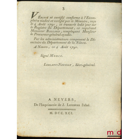 Loi RELATIVE AUX OFFICIERS GÉNÉRAUX ET À LEURS AIDES-DE-CAMP. Donnée à Paris, le 6 Juillet 1791, signé : M.L.F. Duport, bull....