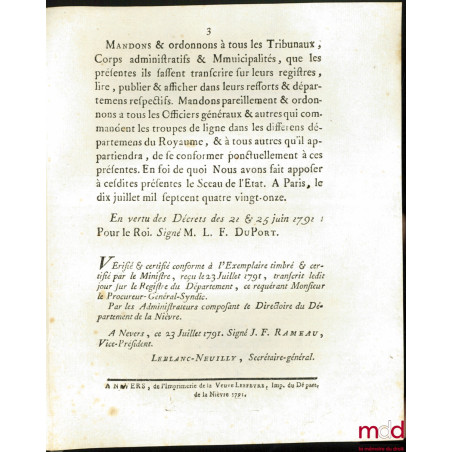 Loi RELATIVE AUX DRAPEAUX, ÉTENDARDS & GUIDONS DES RÉGIMENS. Donnée à Paris le 10 Juillet 1791, signé : M.L.F. Duport, bull. ...