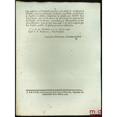 Loi RELATIVE AUX SOLDATS TENANT GARNISON SUR LES VAISSEAUX. Donnée à Paris, le 31 Octobre 1790, signé : Louis et L’Archevêque...