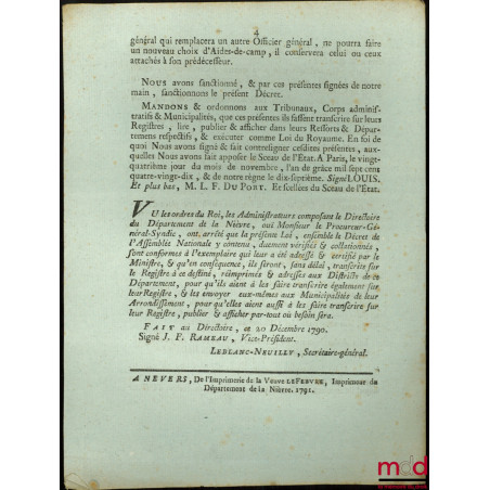 Loi RELATIVE AUX ADJUDANS GÉNÉRAUX DE L’ARMÉE & AUX AIDES-DE-CAMP. Donnée à Paris, le 24 Novembre 1790, signé : Louis, M.L.F....