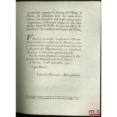 Loi PORTANT SUPPRESSION DES INGÉNIEURS-GÉORGRAPHES MILITAIRES, CRÉÉS EN 1777. Donnée à Paris, le 16 Octobre 1791, signé : Lou...