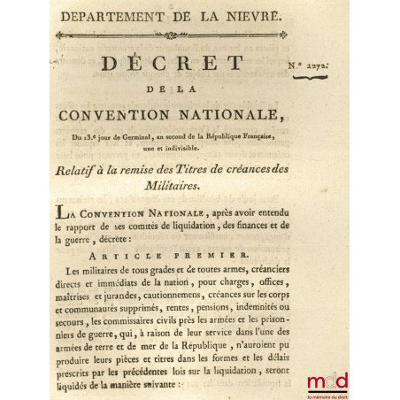 Décret de la Convention nationale, du 13e jour de Germinal, an second de la République Française, une et indivisible, RELATIF...