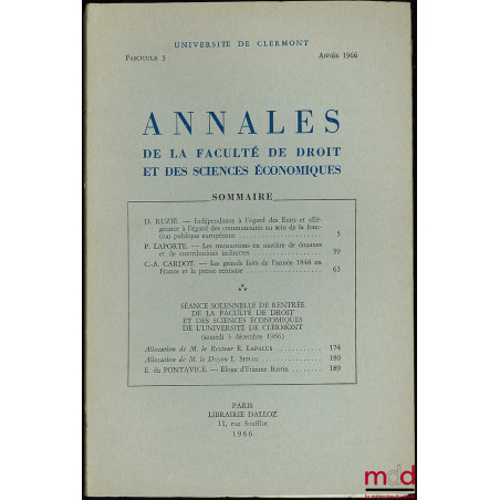 Annales de la Faculté de droit et des sciences économiques, Université de Clermont, fasc. 3, année 1966