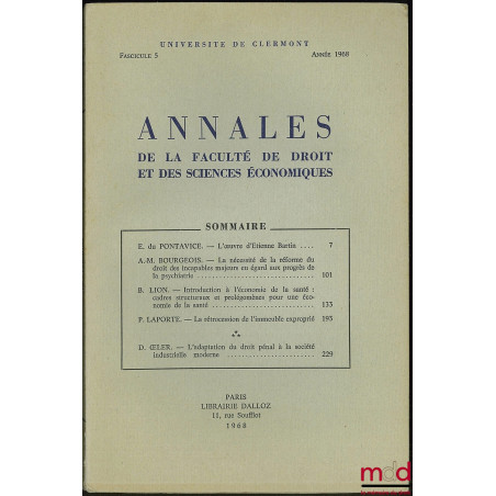 Annales de la Faculté de droit et des sciences économiques, Université de Clermont, fasc. 5, année 1968