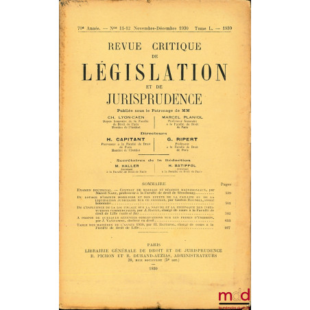 REVUE CRITIQUE DE LÉGISLATION ET DE JURISPRUDENCE n° 11-12, t. L, 1930