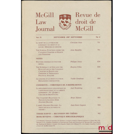 MCGILL LAW JOURNAL / REVUE DE DROIT DE MCGILL, septembre 1987, vol. 32, n° 4