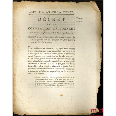 Décret de la Convention nationale, du 28 février 1793, l’an second de la république Française. RELATIF À LA PROPOSITION DE ME...