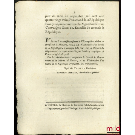 Décret de la Convention nationale, du 14 Septembre 1793, l’an second de la république Française, une et indivisible. QUI AUTO...