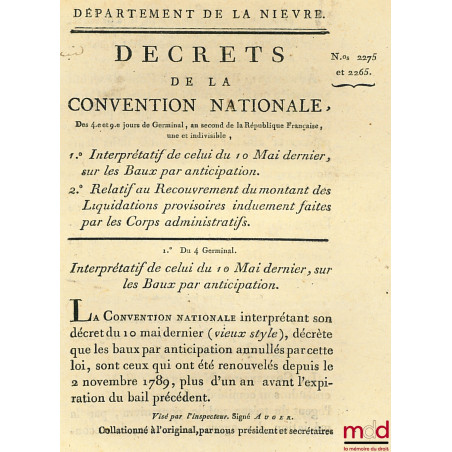 Décrets de la Convention nationale du 4ème et 9ème jour de Germinal , an second de la République Française, une et indivisibl...