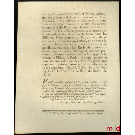 Loi, RELATIVE AUX COLONELS ET LIEUTENANS-COLONELS DE TOUTES LES ARMES. Donnée à Paris, le 23 Février 1791, bull. n° 635