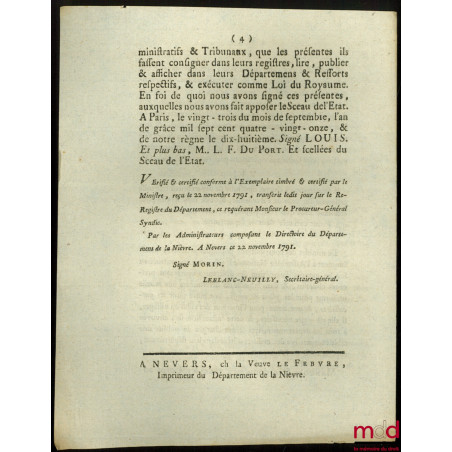 Loi QUI FIXE LES RÈGLES À SUIVRE POUR LES PLANS À FAIRE EN VERTU DES ARTICLES XXI & XXX DU DÉCRET DES 4 & 21 AOÛT 1791. Donné...
