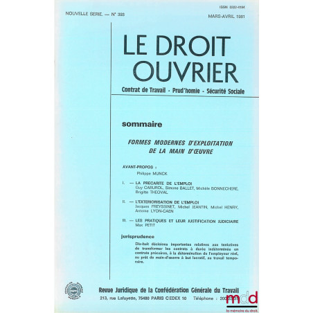 FORMES MODERNES D’EXPLOITATION DE LA MAIN D’ŒUVRE, extrait de la revue Le Droit Ouvrier mars-avril 1981