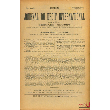 JOURNAL DE DROIT INTERNATIONAL 1923, 2ème, 4ème et 5ème livraison