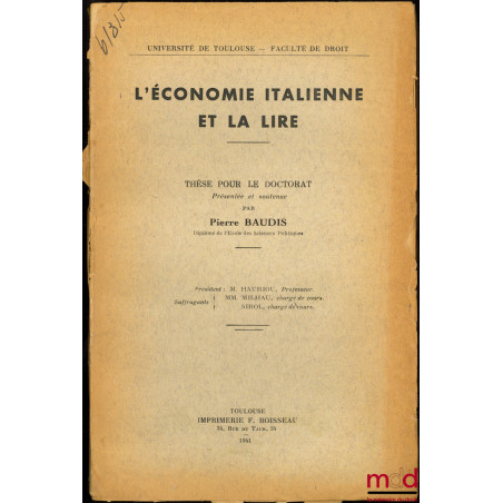 L’ÉCONOMIE ITALIENNE ET LA LIRE, Université de Toulouse - Faculté de droit