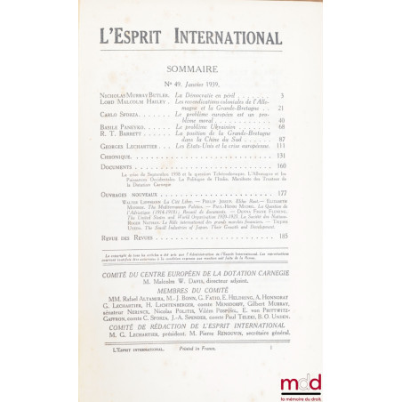 L’ESPRIT INTERNATIONAL n° 49, janvier 1939, Comité du Centre européen de la dotation Carnegie