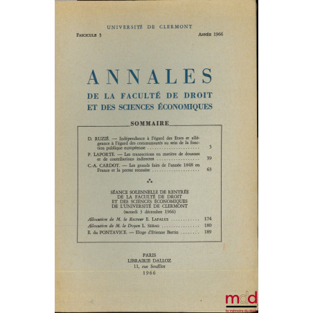 Annales de la Faculté de droit et des sciences économiques, Université de Clermont, fasc. 3, année 1966