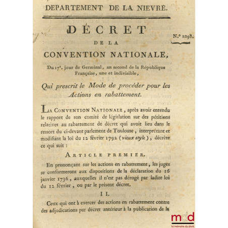 Décret de la Convention nationale, du 17ème jour de Germinal , an second de la République Française, une et indivisible, Qui ...