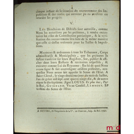 Lettres Patentes du Roi, Sur le Décret de l’Assemblée Nationale, du 26 Juin 1790, concernant la confection & vérification des...
